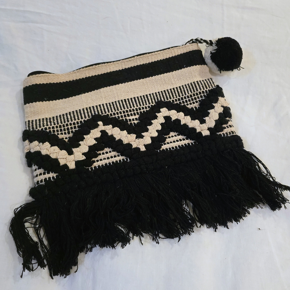 Mud Pie Black and Cream Woven Fringe Clutch